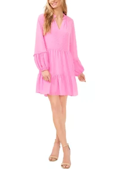 Petite Long Sleeve Split Neck Babydoll Dress