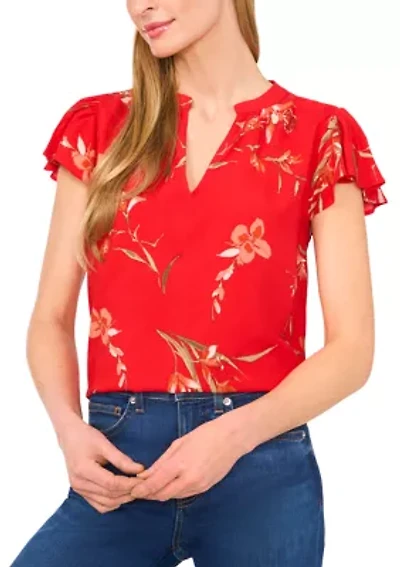 Petite Split Neck Flutter Sleeve Top