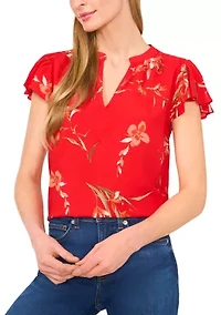 Petite Split Neck Flutter Sleeve Top