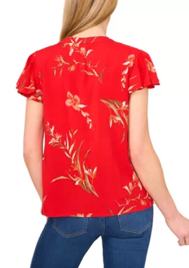 Petite Split Neck Flutter Sleeve Top