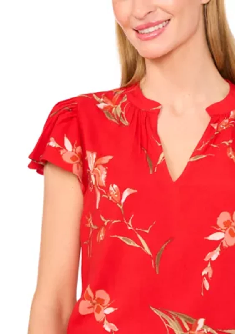 Petite Split Neck Flutter Sleeve Top