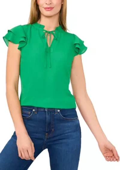 Petite Tie Front Flutter Sleeve Top