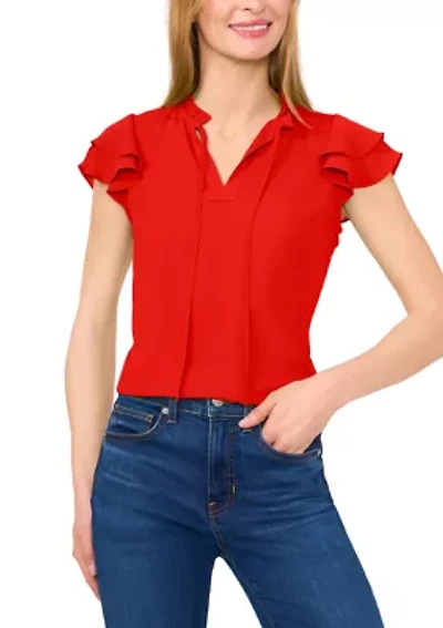 Petite Tie Front Flutter Sleeve Top