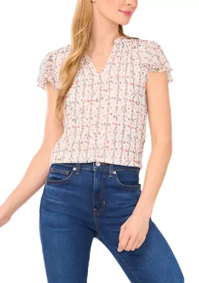 Petite Split Neck Flutter Sleeve Top