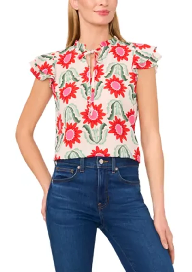 Petite Tie Neck Flutter Sleeve Printed Top
