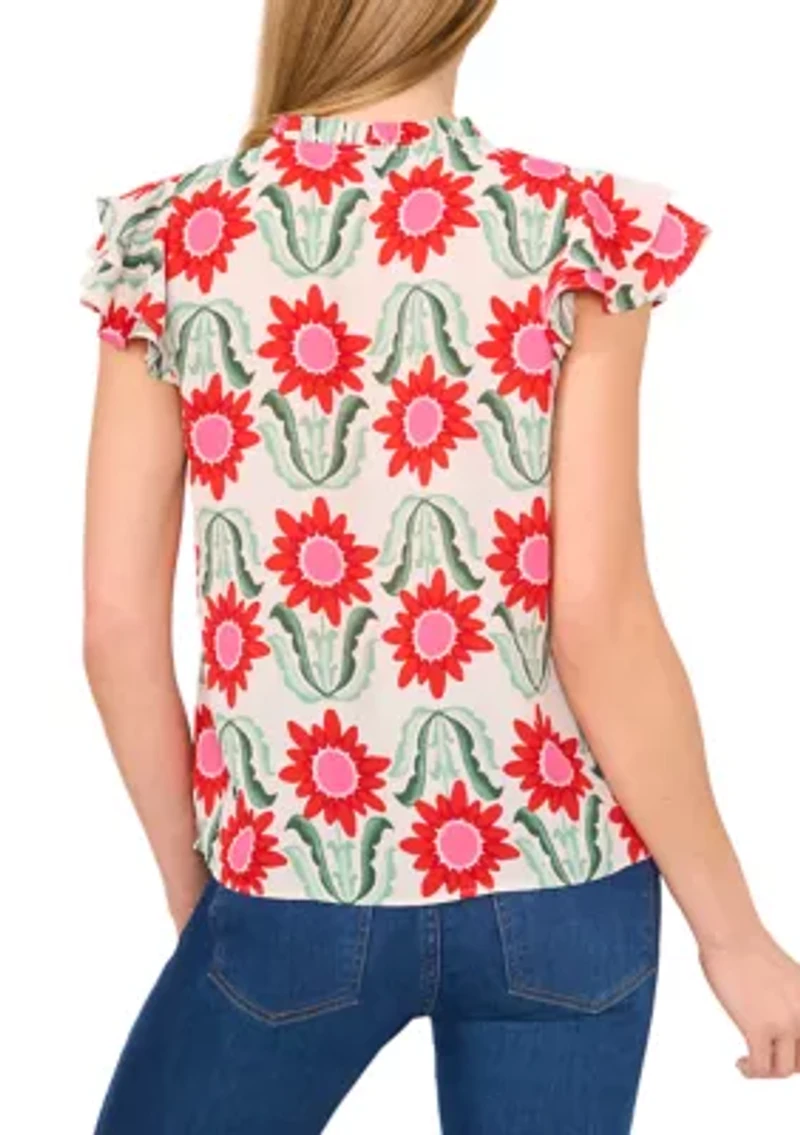 Petite Tie Neck Flutter Sleeve Printed Top