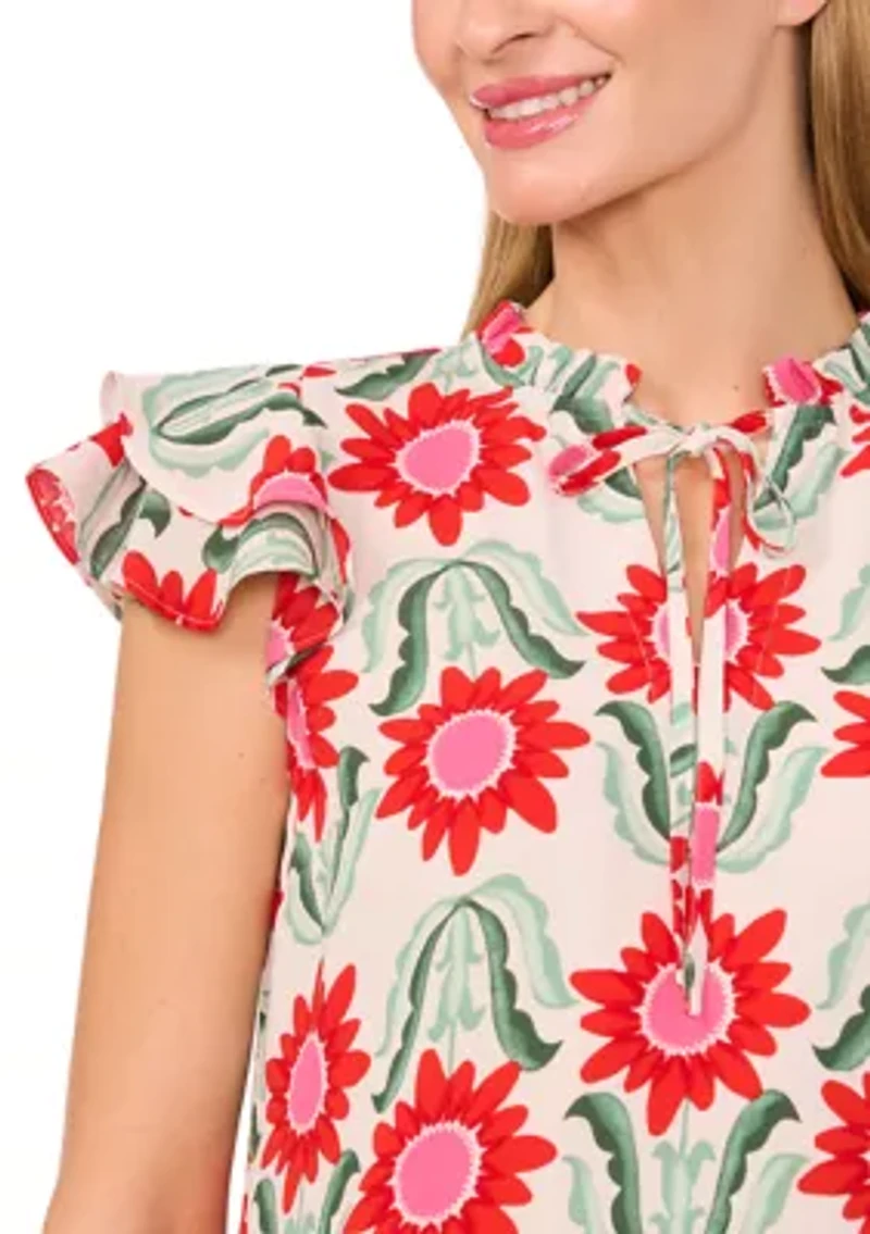 Petite Tie Neck Flutter Sleeve Printed Top