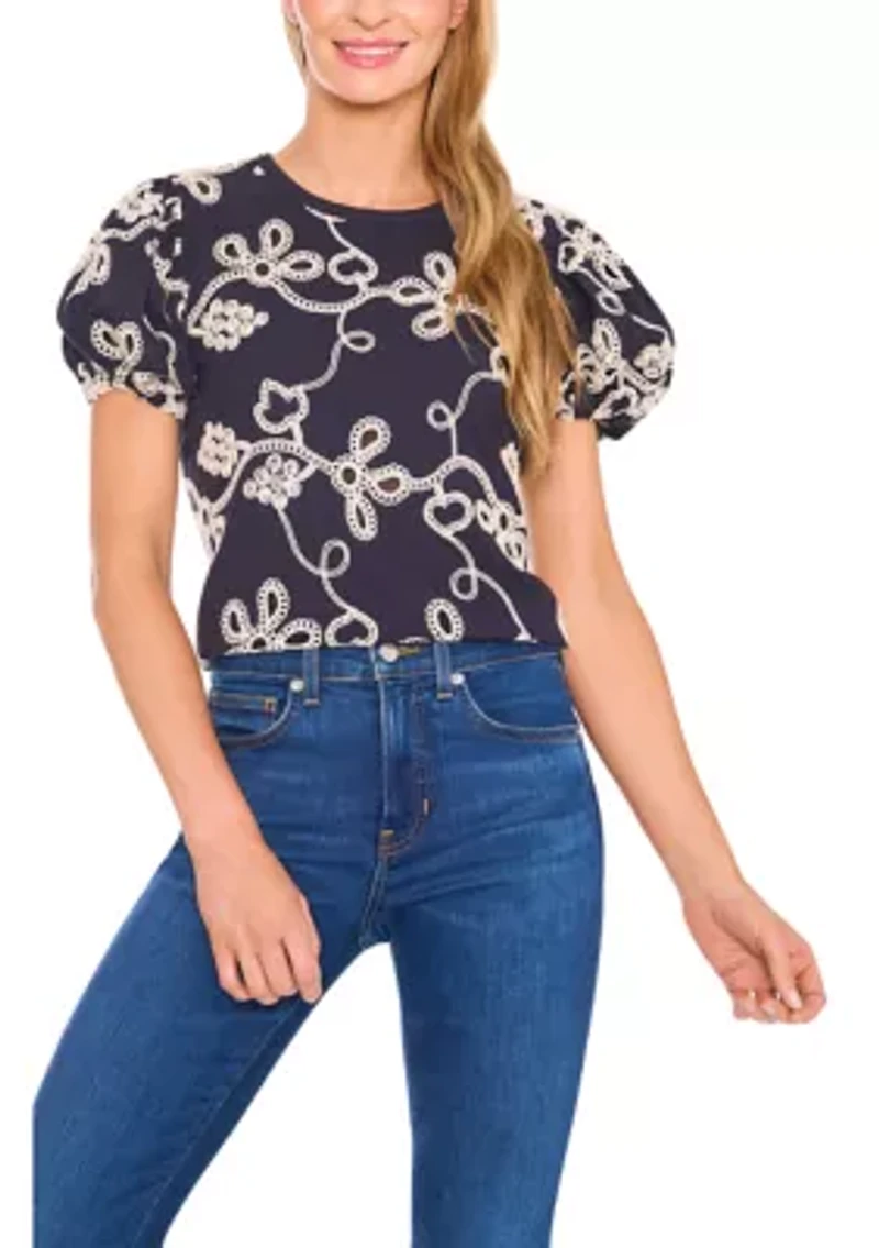 Petite Embroidered Puff Sleeve Top