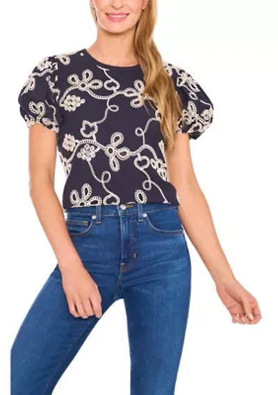 Petite Embroidered Puff Sleeve Top