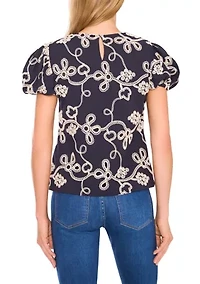 Petite Embroidered Puff Sleeve Top