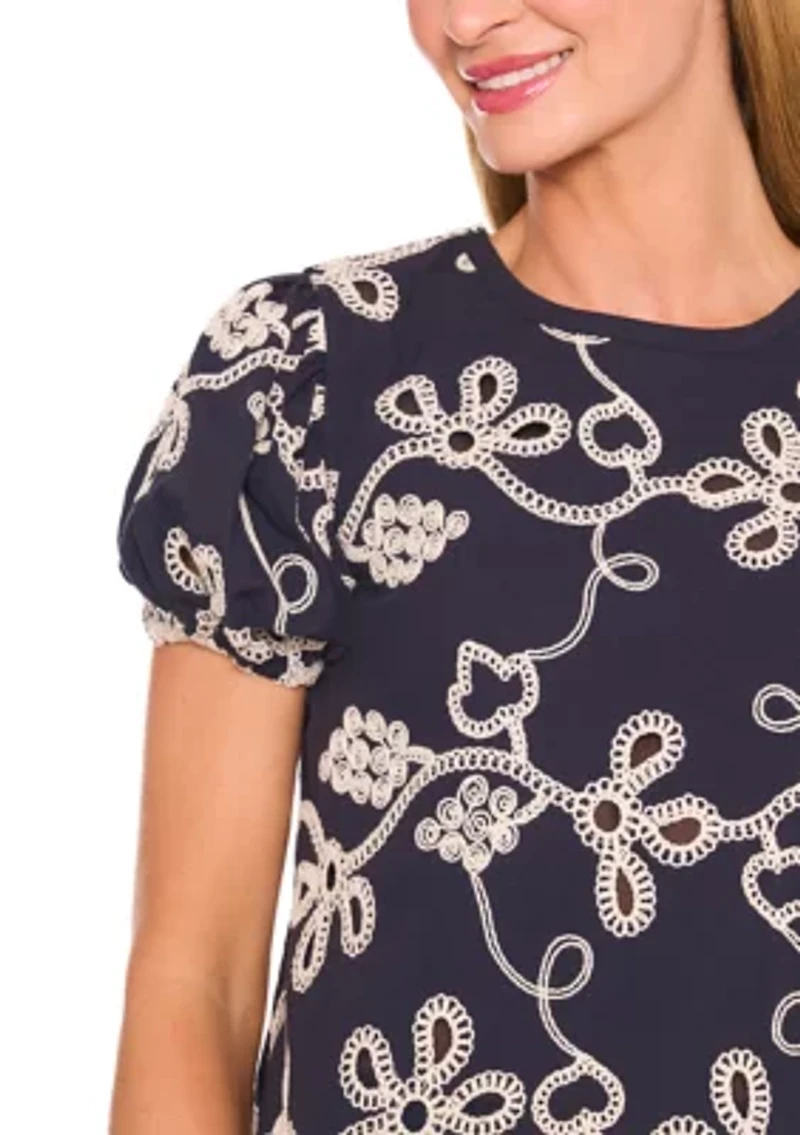 Petite Embroidered Puff Sleeve Top