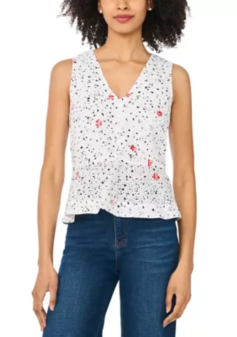 Petite Sleeveless Printed Eyelet Peplum Blouse