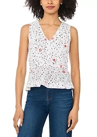Petite Sleeveless Printed Eyelet Peplum Blouse