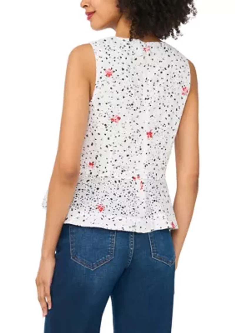 Petite Sleeveless Printed Eyelet Peplum Blouse
