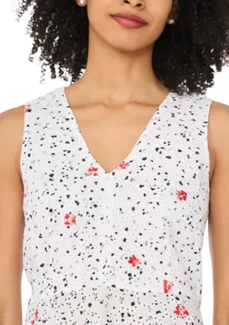 Petite Sleeveless Printed Eyelet Peplum Blouse