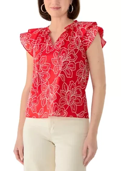 Women's Flutter Sleeve Embroidered Blouse