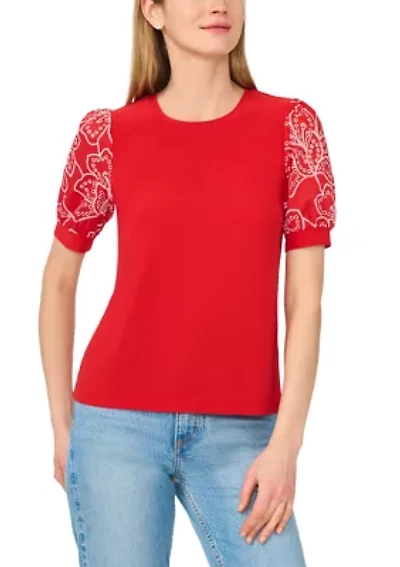 Petite Eyelet Sleeve Crew Neck Mixed Media Top