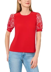 Petite Eyelet Sleeve Crew Neck Mixed Media Top