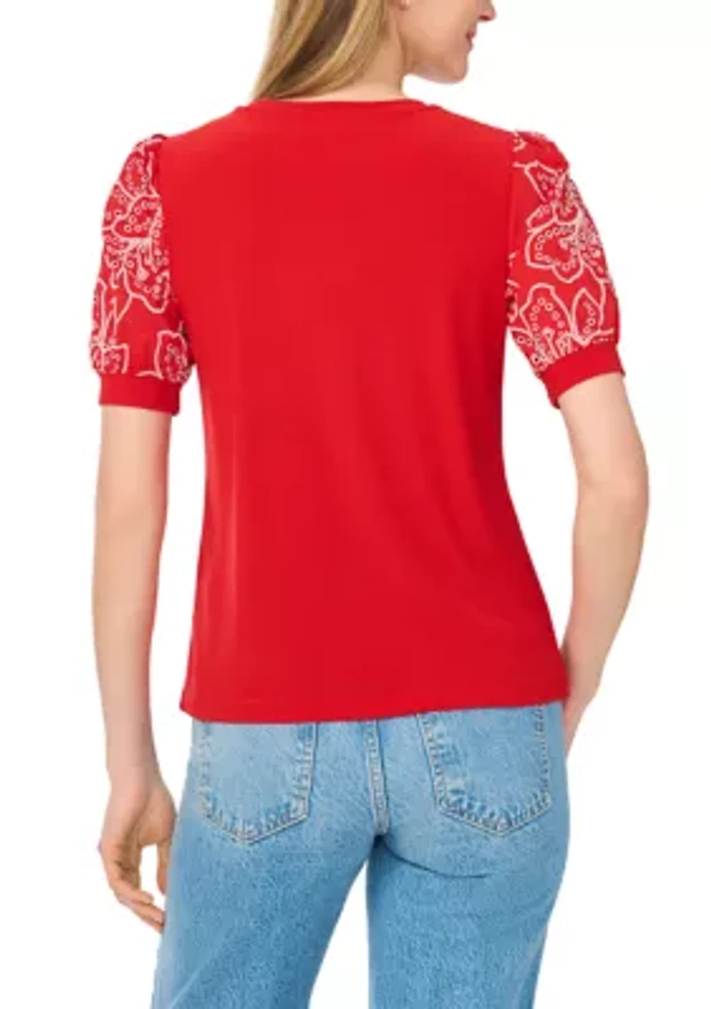 Petite Eyelet Sleeve Crew Neck Mixed Media Top