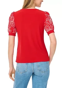 Petite Eyelet Sleeve Crew Neck Mixed Media Top