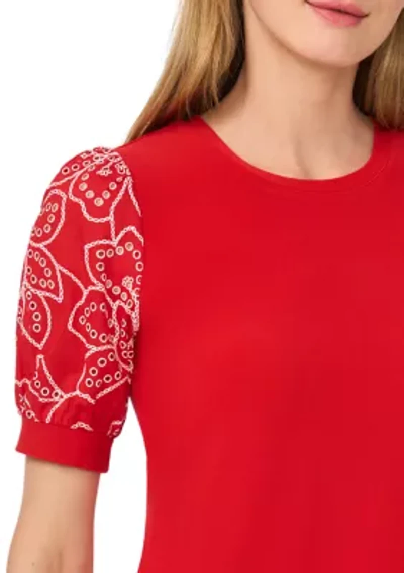 Petite Eyelet Sleeve Crew Neck Mixed Media Top