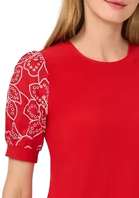 Petite Eyelet Sleeve Crew Neck Mixed Media Top