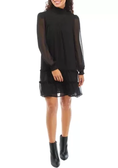 Petite Long Sleeve Smock Yoke Tiered Dress