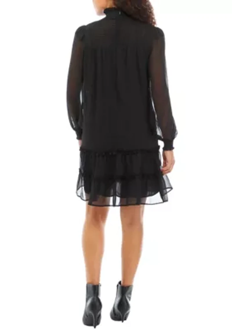 Petite Long Sleeve Smock Yoke Tiered Dress