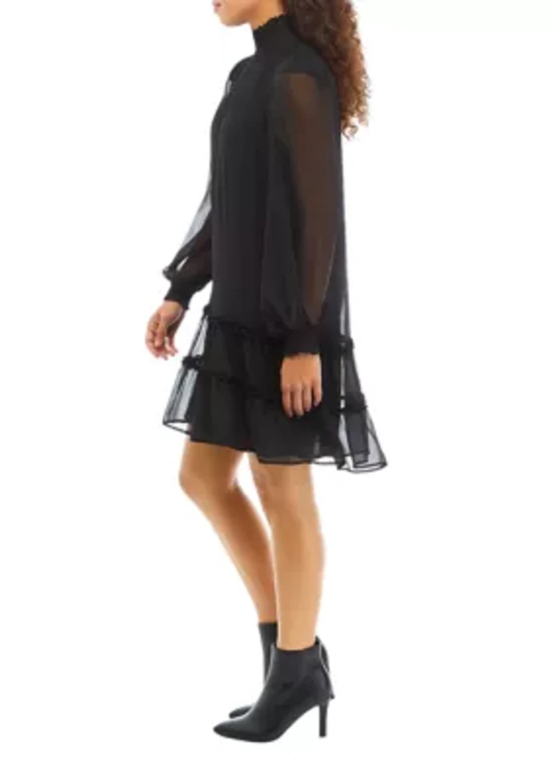 Petite Long Sleeve Smock Yoke Tiered Dress
