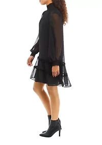 Petite Long Sleeve Smock Yoke Tiered Dress