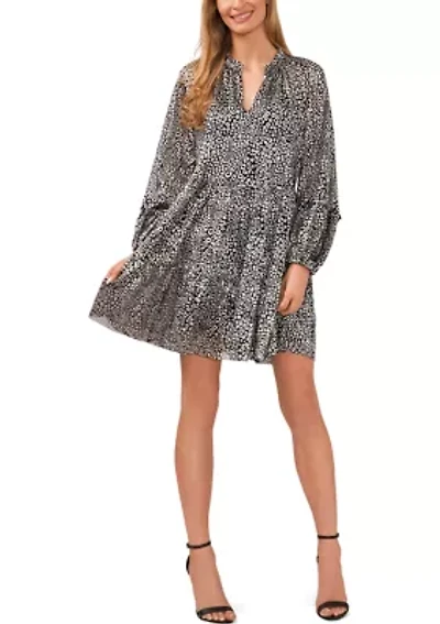 Petite Long Sleeve Foil Animal Jacquard Babydoll Dress