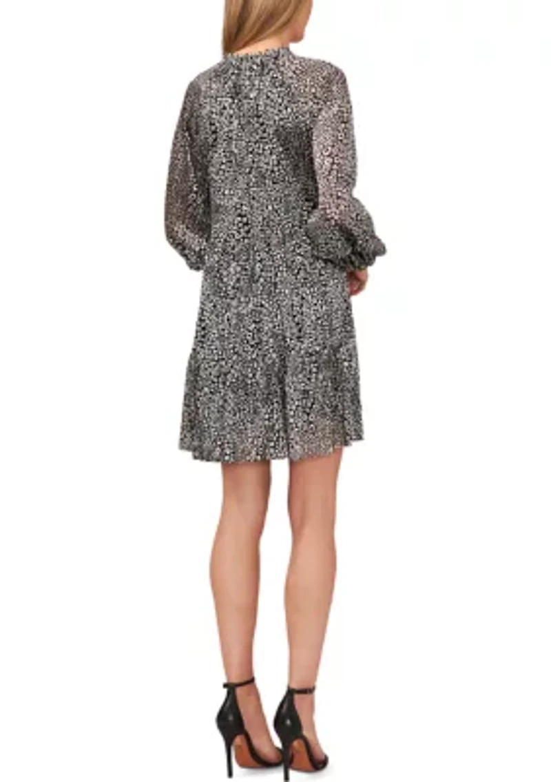 Petite Long Sleeve Foil Animal Jacquard Babydoll Dress