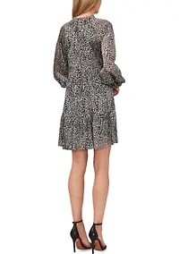 Petite Long Sleeve Foil Animal Jacquard Babydoll Dress