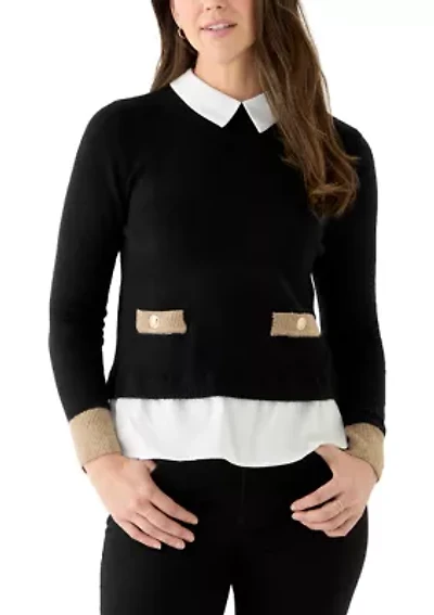 Petite Twofer Sweater with Contrast Welt Pockets