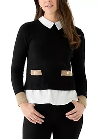 Petite Twofer Sweater with Contrast Welt Pockets