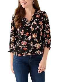 Petite 3/4 Sleeve Rich Black V-Neck Button Blouse
