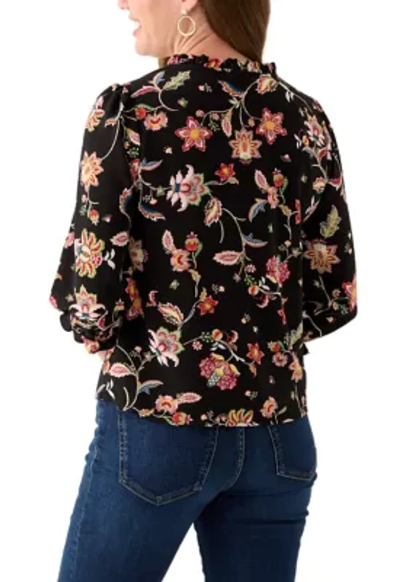 Petite 3/4 Sleeve Rich Black V-Neck Button Blouse