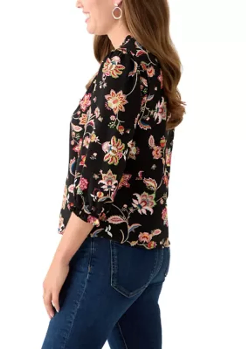 Petite 3/4 Sleeve Rich Black V-Neck Button Blouse