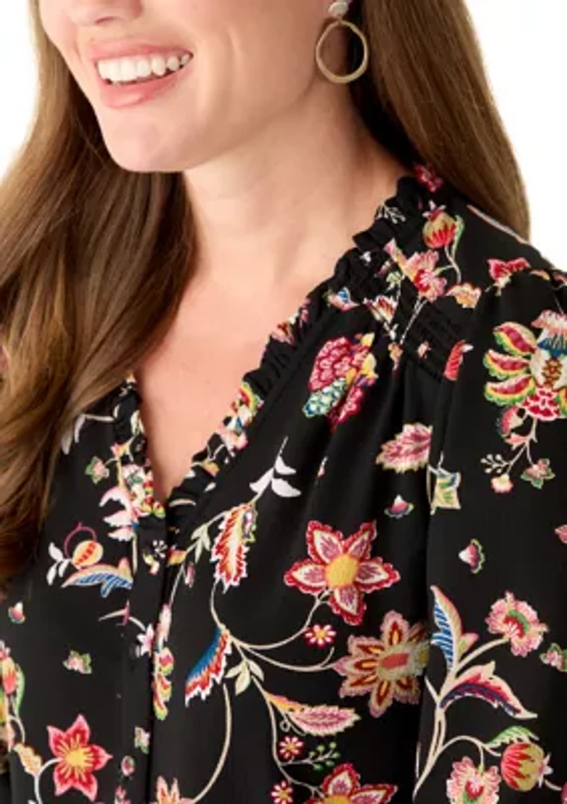 Petite 3/4 Sleeve Rich Black V-Neck Button Blouse