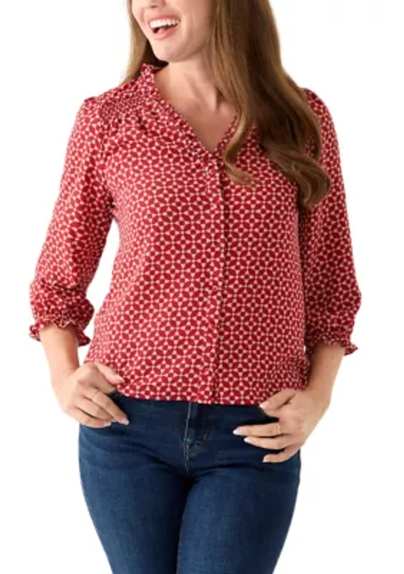 Petite 3/4 Sleeve Mulberry Red V-Neck Button Blouse