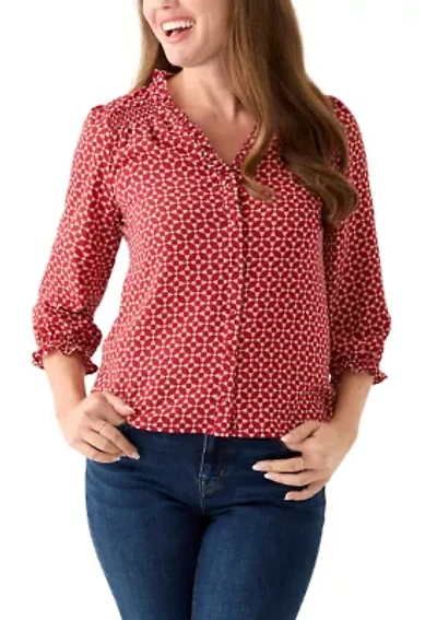 Petite 3/4 Sleeve Mulberry Red V-Neck Button Blouse