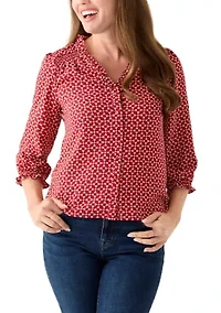 Petite 3/4 Sleeve Mulberry Red V-Neck Button Blouse