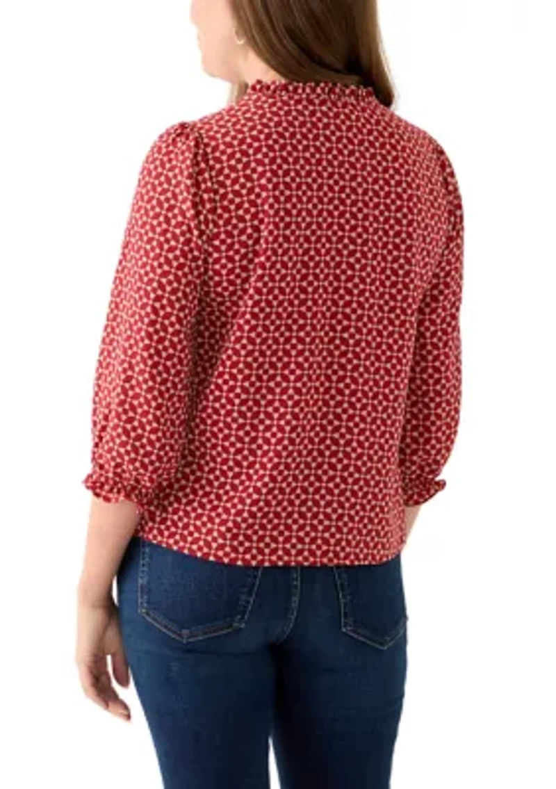 Petite 3/4 Sleeve Mulberry Red V-Neck Button Blouse