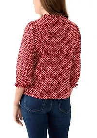Petite 3/4 Sleeve Mulberry Red V-Neck Button Blouse