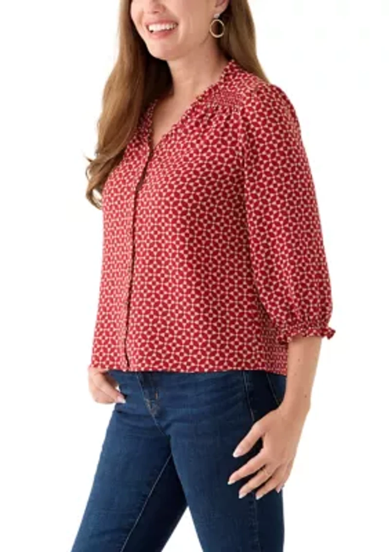 Petite 3/4 Sleeve Mulberry Red V-Neck Button Blouse