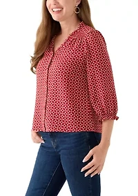 Petite 3/4 Sleeve Mulberry Red V-Neck Button Blouse