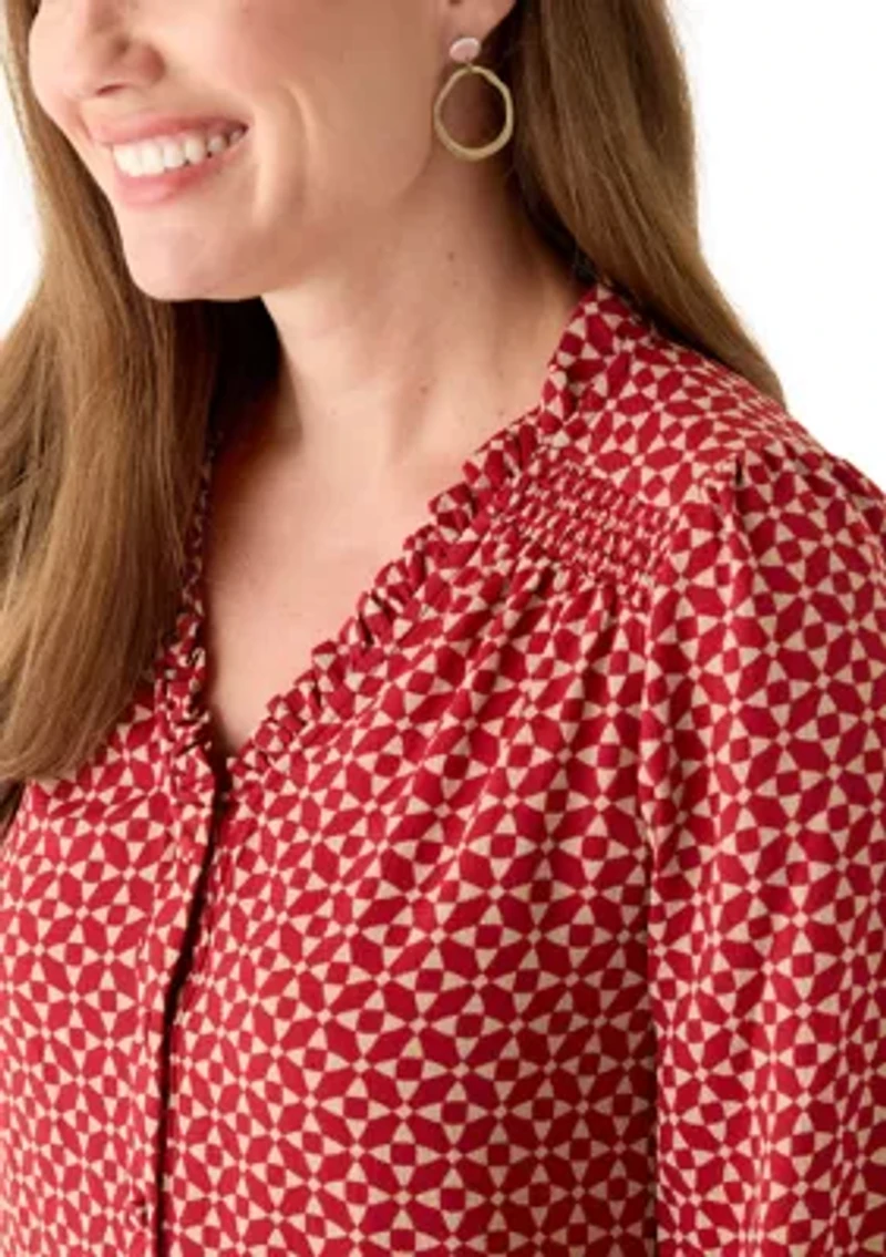 Petite 3/4 Sleeve Mulberry Red V-Neck Button Blouse