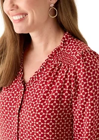 Petite 3/4 Sleeve Mulberry Red V-Neck Button Blouse