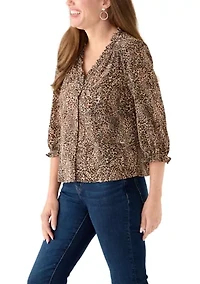 Petite 3/4 Sleeve Dune V-Neck Button Blouse