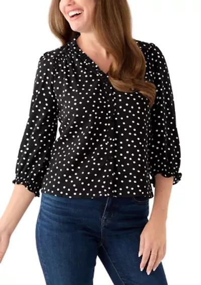 Petite 3/4 Sleeve Black V-Neck Button Blouse